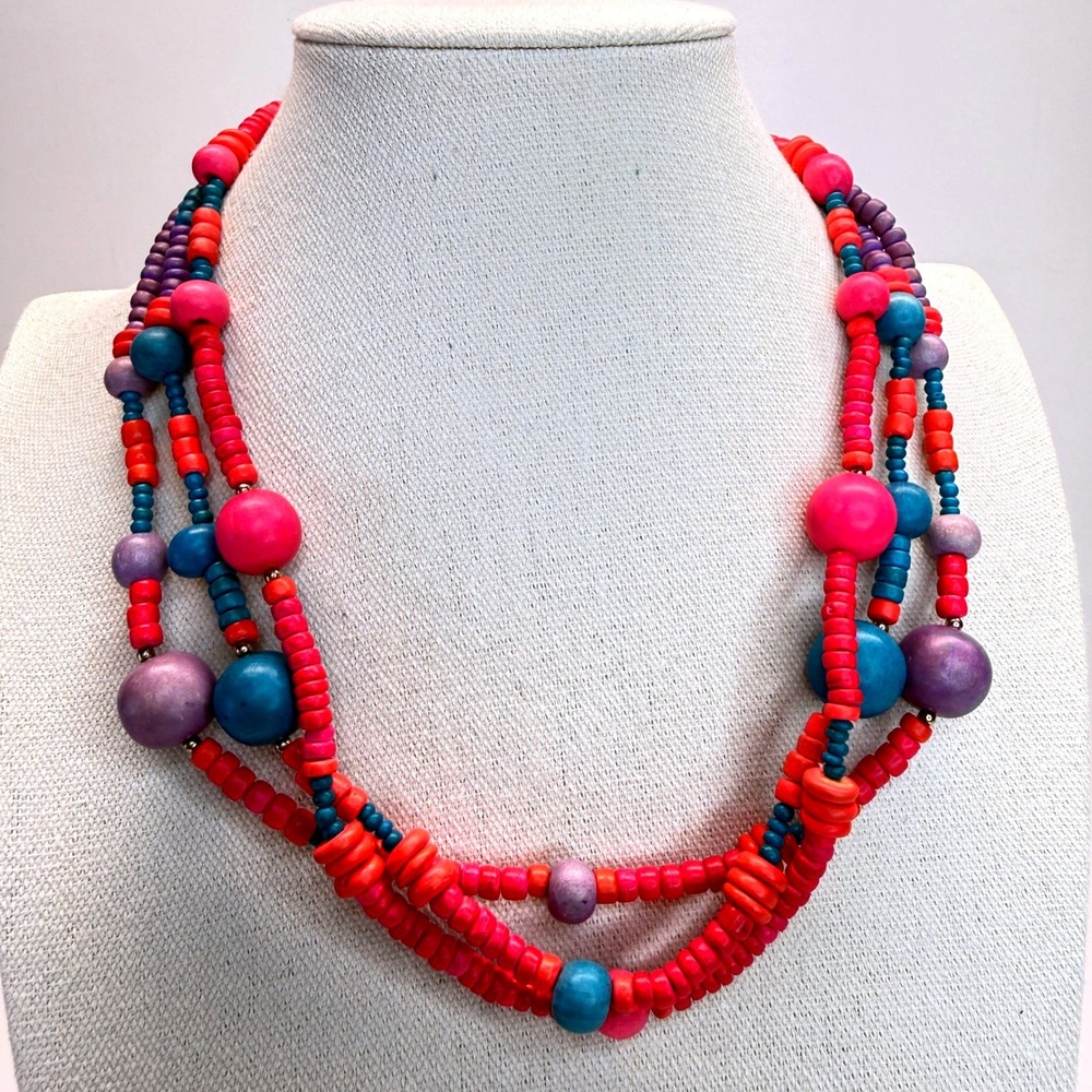 Multi Strand Colorful Wooden Bead Necklace‎ Pink Orange Blue Boho Statement